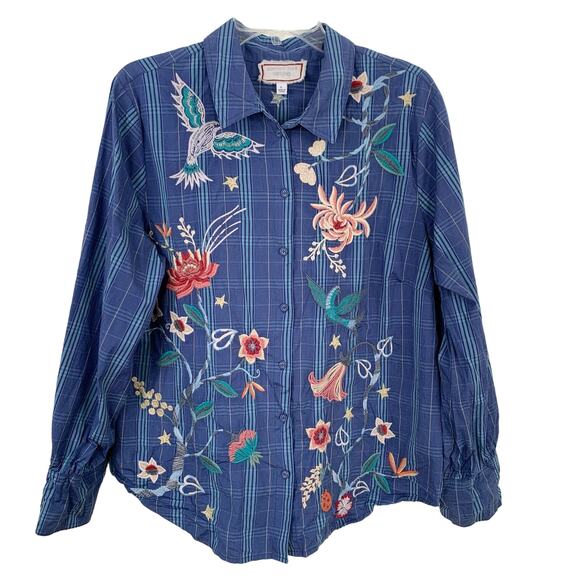 Johnny Was Tops - Johnny Was Cotton Floral Birds Embroidered Plaid Striped Button Down Blue Top L